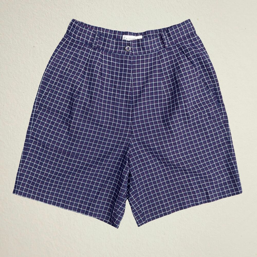 Vintage 90s dark blue plaid high waisted women's golf shorts, Eastbrook, preppy